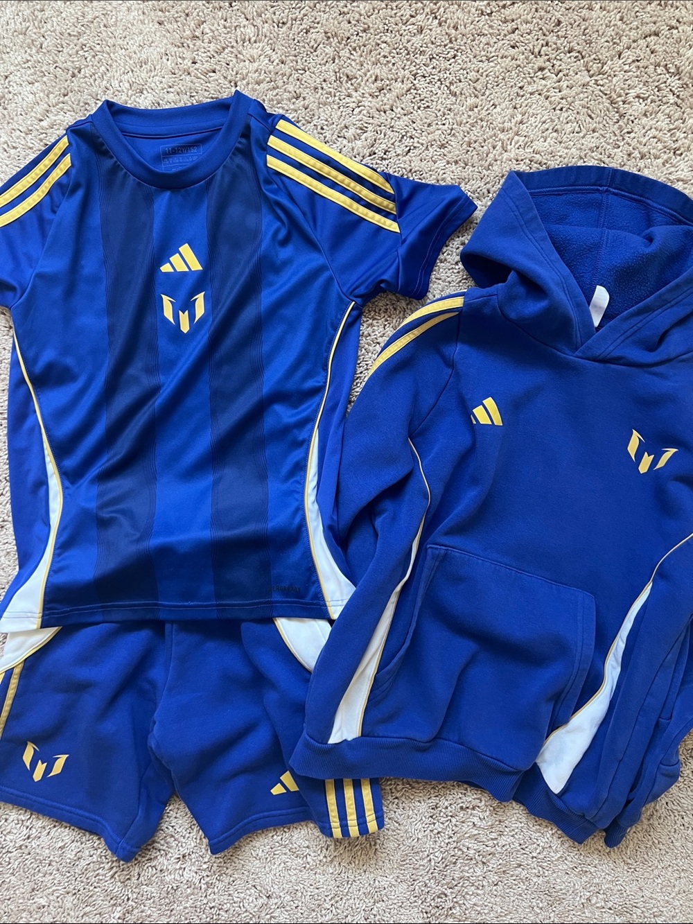 Adidas Kids' Messi 3 piece set, Top and Hoodie are size M, shorts size S